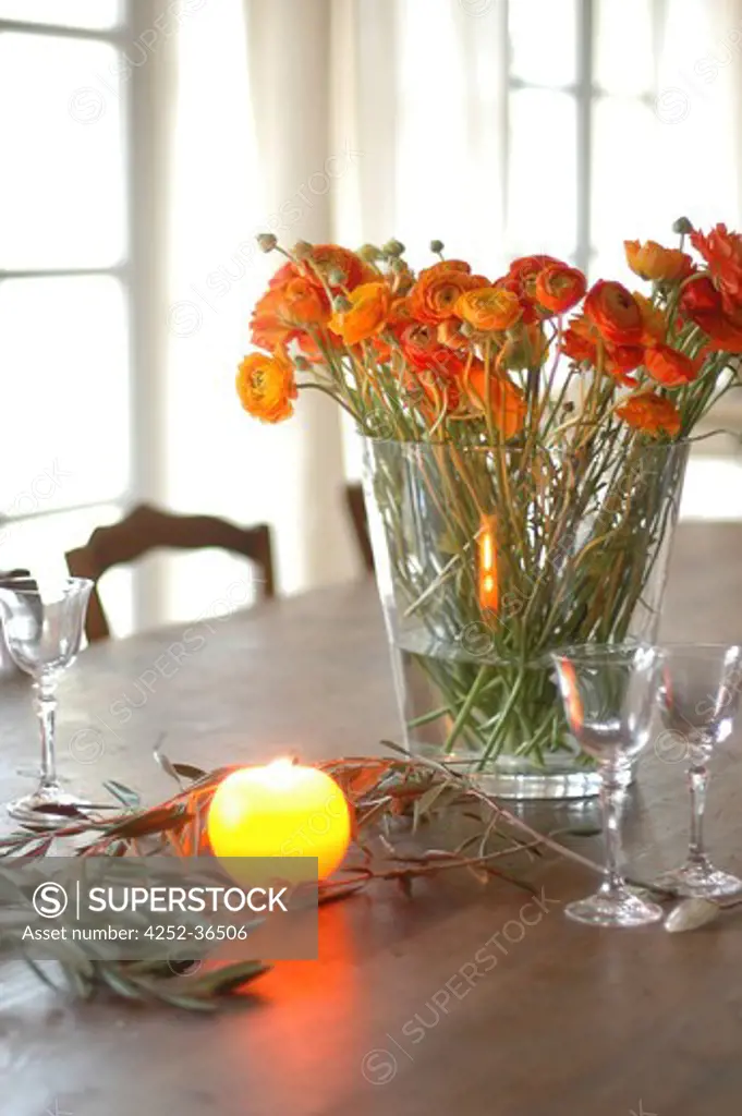 Orange buttercup bunch on a dining table