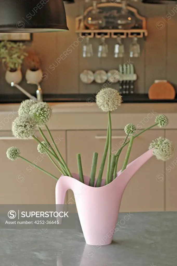 Garlic flowers bunch on a kitchen table