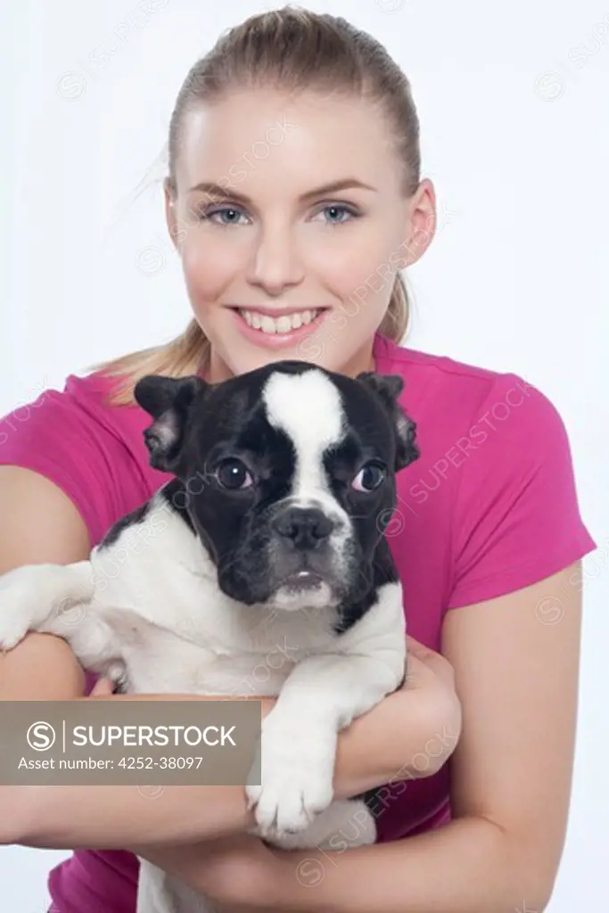 Woman french bulldog