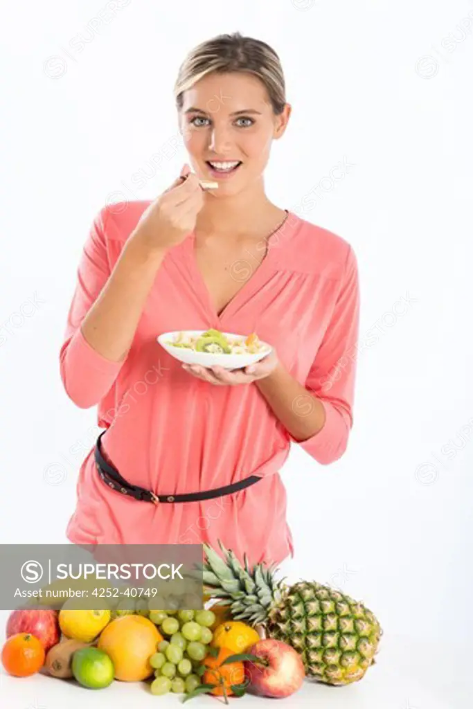 Woman various fruits