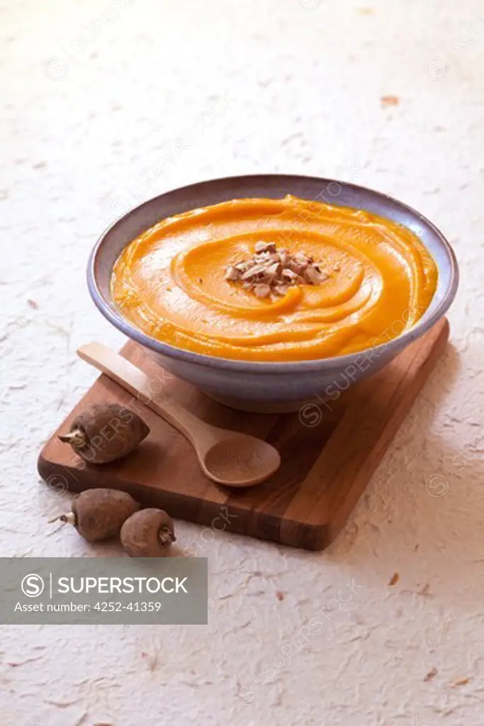 Red kuri squash and tuberous-rooted chervil veloute