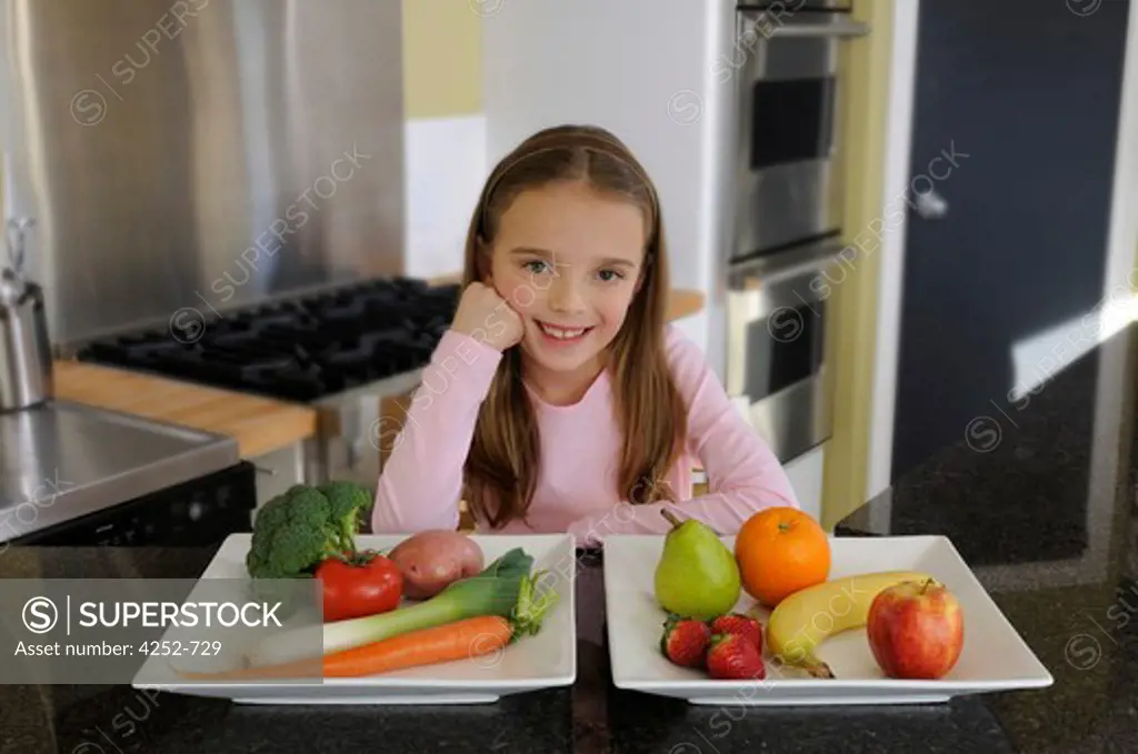 Little girl fruits vegetables