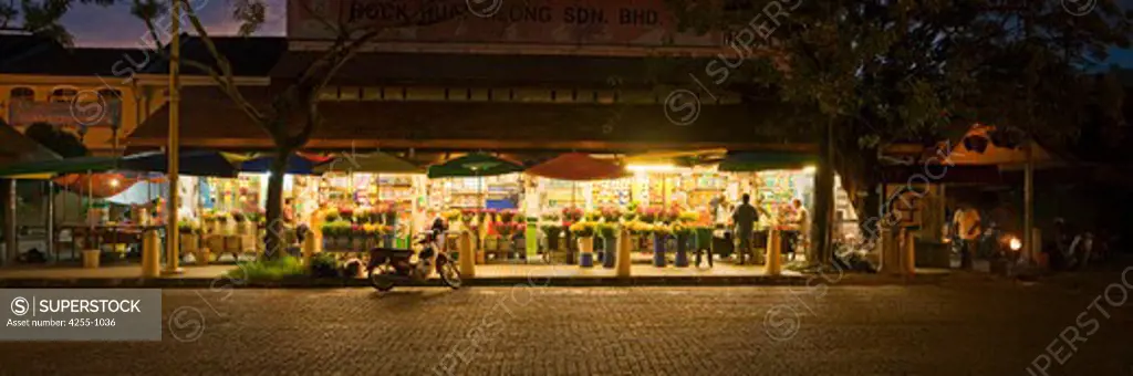 Malaysia, Penang, George Town, Old flower stalls at night