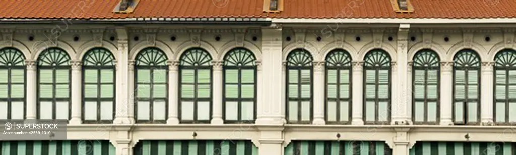 Malaysia, Penang, George Town, Panoramic image of row of heritage windows