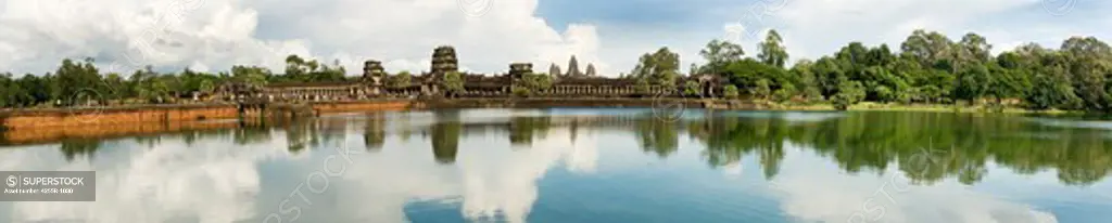 Cambodia, Angkor Wat, Panoramic image of moat and causeway