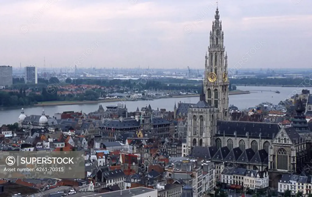 The Cathedral of Our Lady and view of river Scheldt, Antwerp, Belgium, Europe
