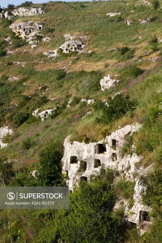Square rock-cut tombs, Rocky Necropolis of Pantalica, dating from the 13th to the 7th centuries bc, UNESCO World Heritage Sites, river Anapo valley, Syracuse, Sicily, Italy, Europe