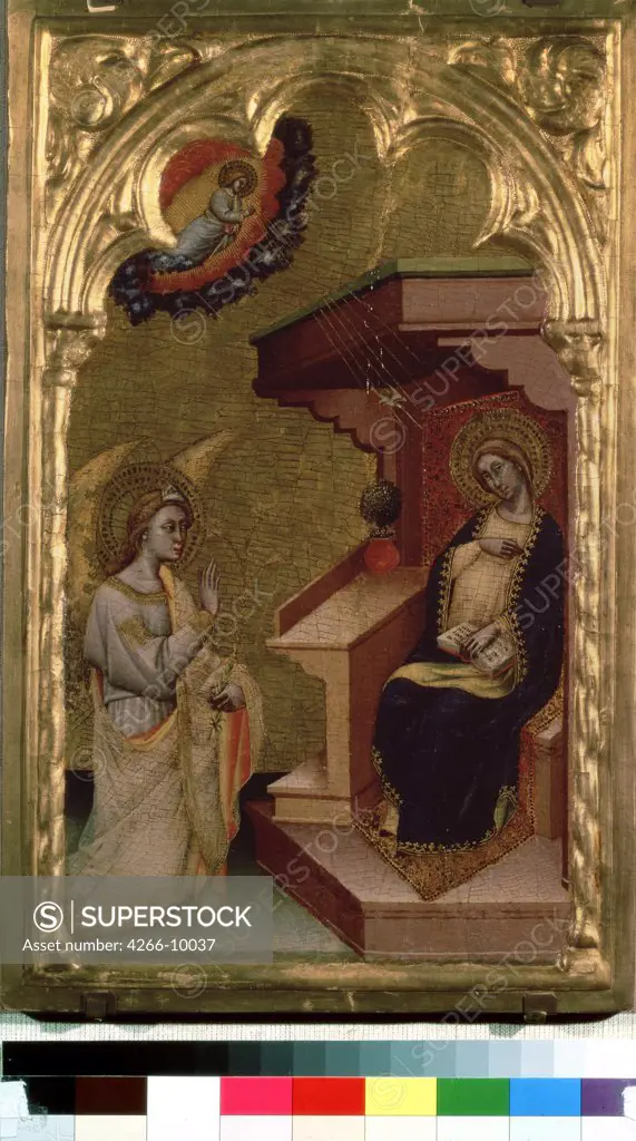 Annunciation to Blessed Virgin Mary by Simone dei Crocefissi, tempera on panel, 1380s, 1355-1399, Bolognese School, Russia, Moscow, State Pushkin Museum of Fine Arts, 48x28