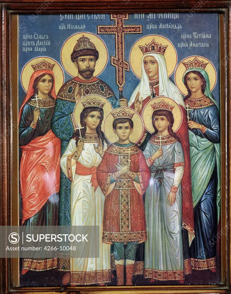 Russian icon with tsar family by unknown painter, tempera on panel, 20th century, Russia, Moscow, State Tretyakov Gallery