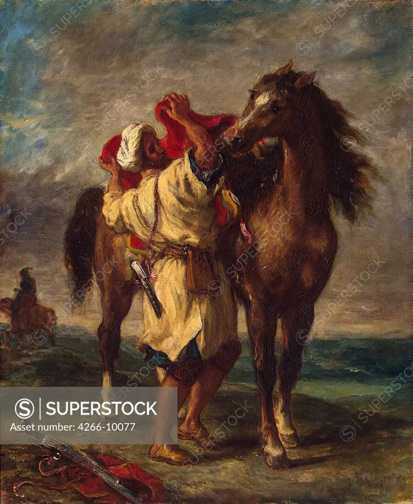 Arab saddling horse by Eugene Delacroix, oil on canvas, 1855, 1798-1863, Russia, St Petersburg, State Hermitage, 56x47