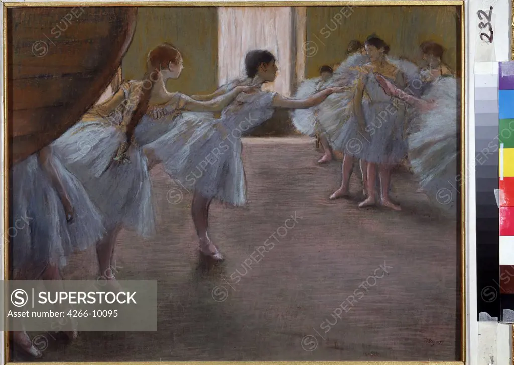 Ballet lesson by Edgar Degas, pastel on cardboard, 1885-1890, 1834-1917, Russia, Moscow, State Pushkin Museum of Fine Arts, 50x63