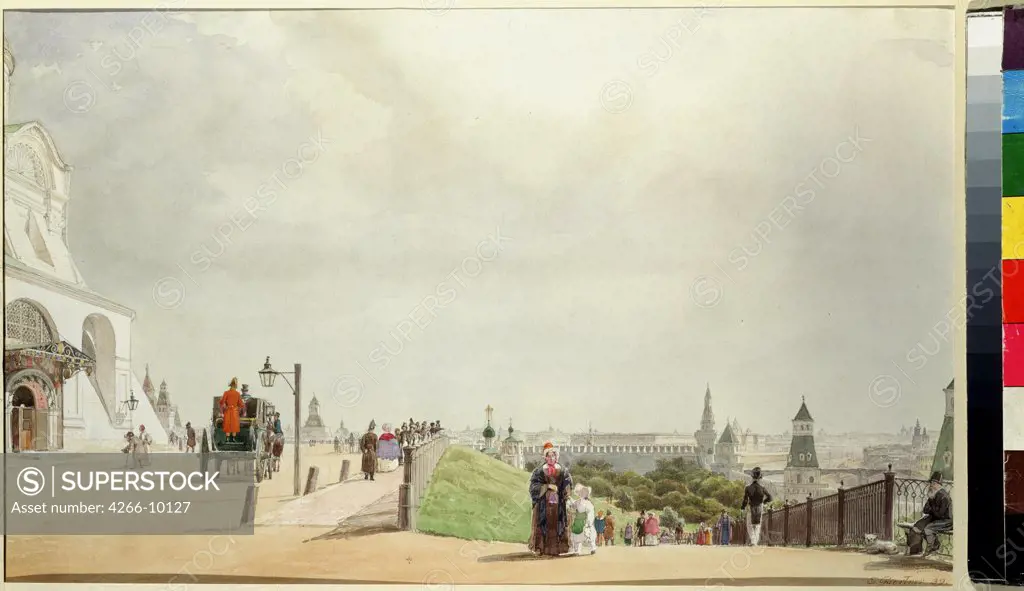 Cityscape with walking people by Johann Philipp Eduard Gaertner, watercolour on paper, 1839, 1801-1877, Russia, Moscow, Museum of Private Collections in A. Pushkin Museum of Fine Arts, 21, 9x23, 8