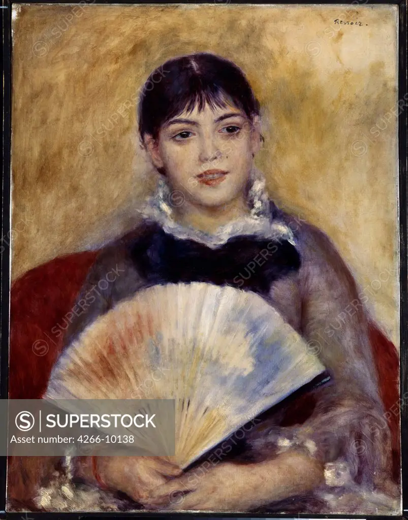 Portrait of young woman with fan by Pierre Auguste Renoir, oil on canvas, 1881, 1841-1919, Russia, St. Petersburg, State Hermitage, 66x50