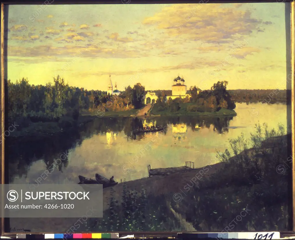Building reflecting in river by Isaak Ilyich Levitan, oil on canvas, 1892, 1860-1900, Russia, Moscow, State Tretyakov Gallery, 87x107, 6