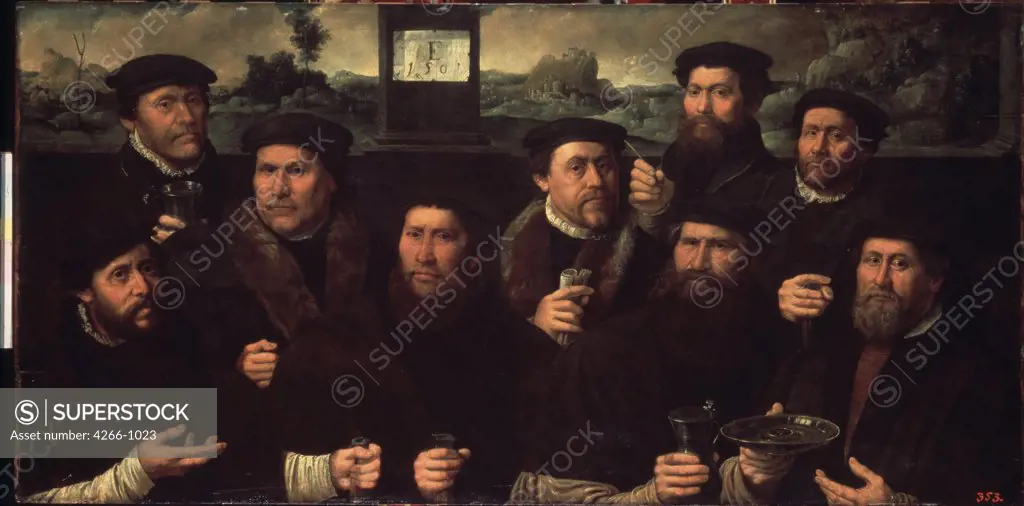 Portrait of Men by Dirck Jacobsz, oil on wood, 1561, circa 1497-1567, Russia, St. Petersburg, State Hermitage, 91x184, 5