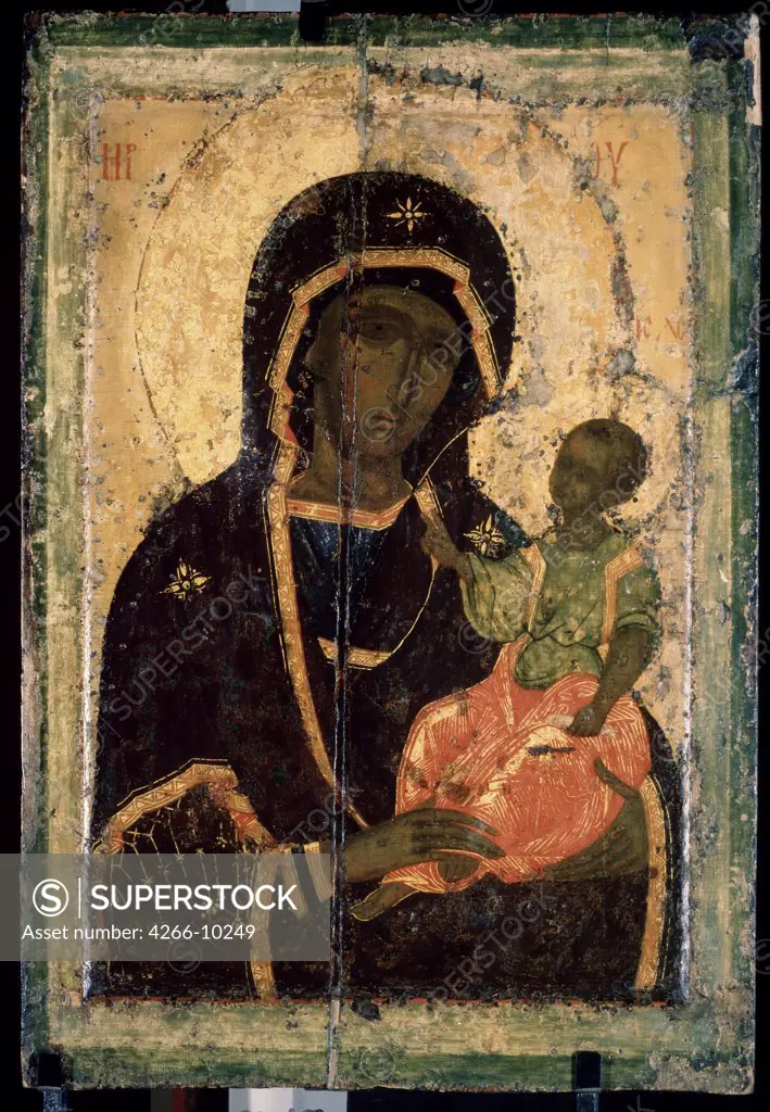 Madonna holding Jesus Child, Russian icon, tempera on panel, circa 1360, Russia, Moscow, State Tretyakov Gallery, 68x46