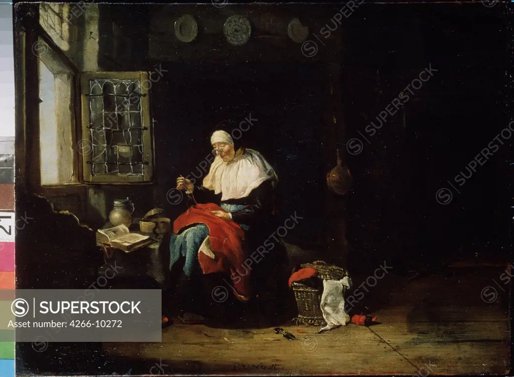 Woman sewing by window by Pieter van Noort, Oil on canvas, 17th century, 1602-after 1662, Russia, Saratov, State A. Radishchev Art Museum, 95x153