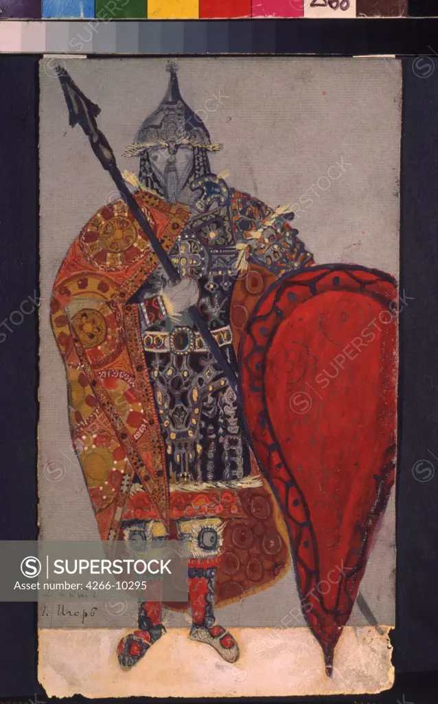 Knight by Nicholas Roerich, pencil, gouache and gold colour on paper, 1914, 1874-1947, Russia, Moscow, Museum of Private Collections in A. Pushkin Museum of Fine Arts, 27x15, 4