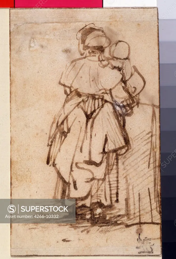 Mother holding baby boy by Rembrandt van Rhijn, pen, brown indian ink on paper, 1640s, 1606-1669, Russia, Moscow, State A. Pushkin Museum of Fine Arts, 11x6, 7