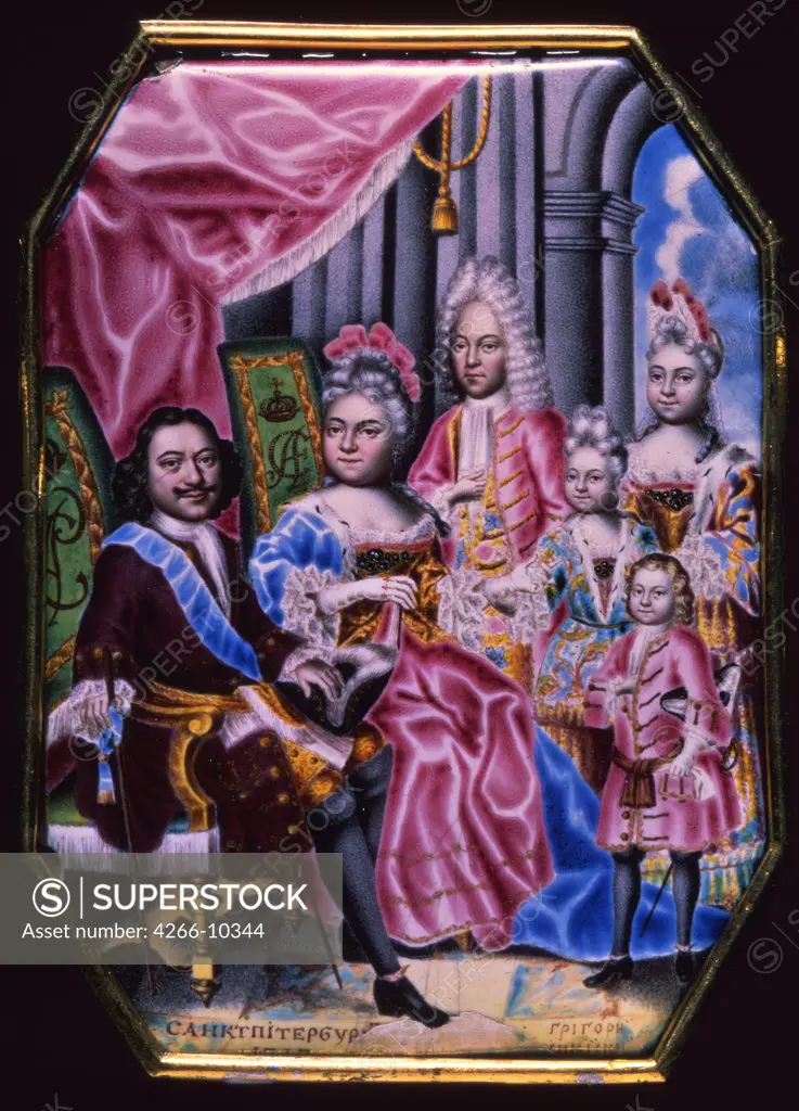 Peter I with family by Grigory Semyonovich Musikiysky, enamel on gold, 1717, 1670-after 1739, Russia, St Petersburg, State Hermitage, 12x8, 5