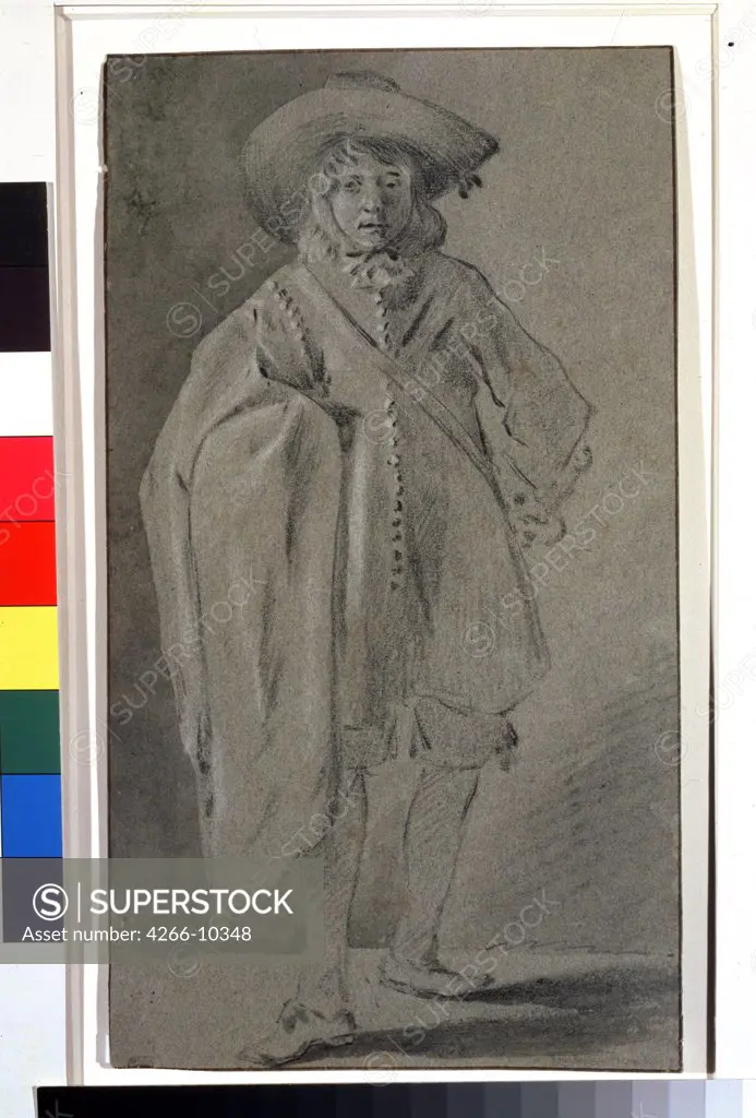 Self-portrait by Moses Ter Borch, black chalk, brush, grey and white colour on grey-blue paper, 1660s, 1645-1667, Russia, Moscow, State Pushkin Museum of Fine Arts, 27x15