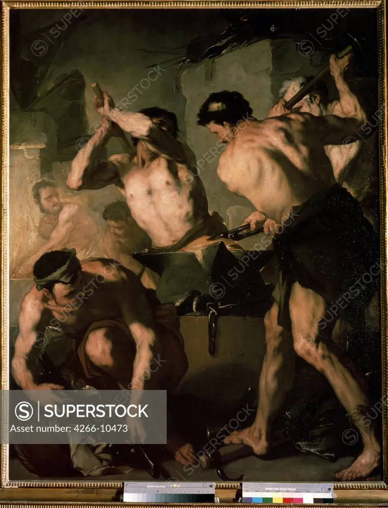 Men in forge by Luca Giordano, oil on canvas, circa 1660, 1632-1705, Russia, St. Petersburg, State Hermitage, 192, 5x152
