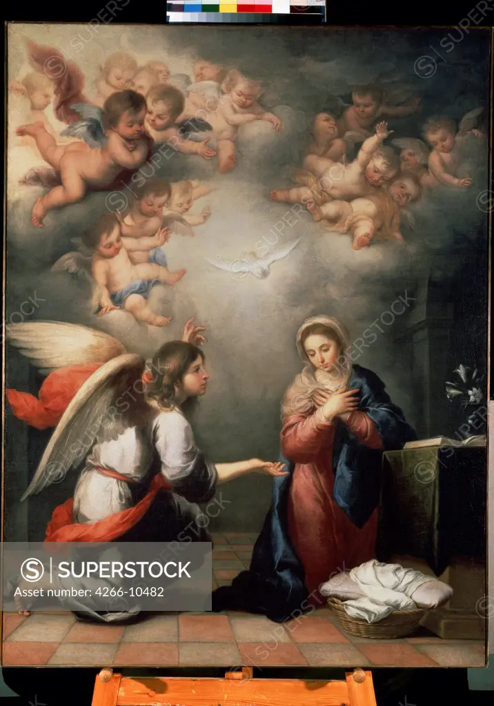 Virgin Mary with Archangel Gabriel by Bartolome Esteban Murillo, Oil on canvas, 1660s, 1617-1682, Russia, St. Petersburg, State Hermitage, 142x107, 5