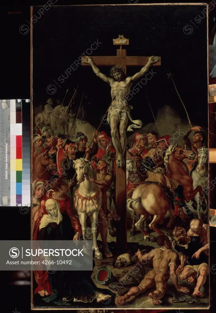 The crucifixion by Maarten Jacobsz van Heemskerck, oil on canvas , between 1545 and 1550, 1498-1574, Russia, St. Petersburg , State Hermitage, 101x58, 5