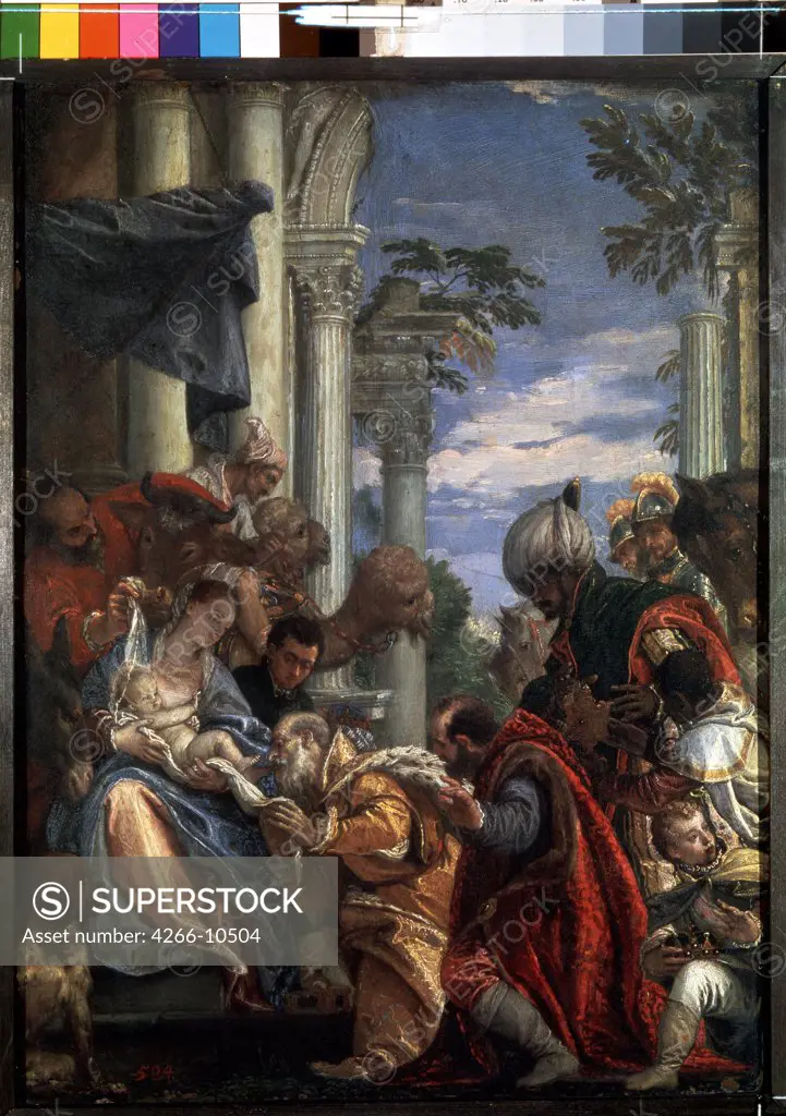 Three kings adorating Jesus Christ by Paolo Veronese, oil on copper, 1570s, 1528-1588, Russia, St. Petersburg, State Hermitage, 45x34, 5