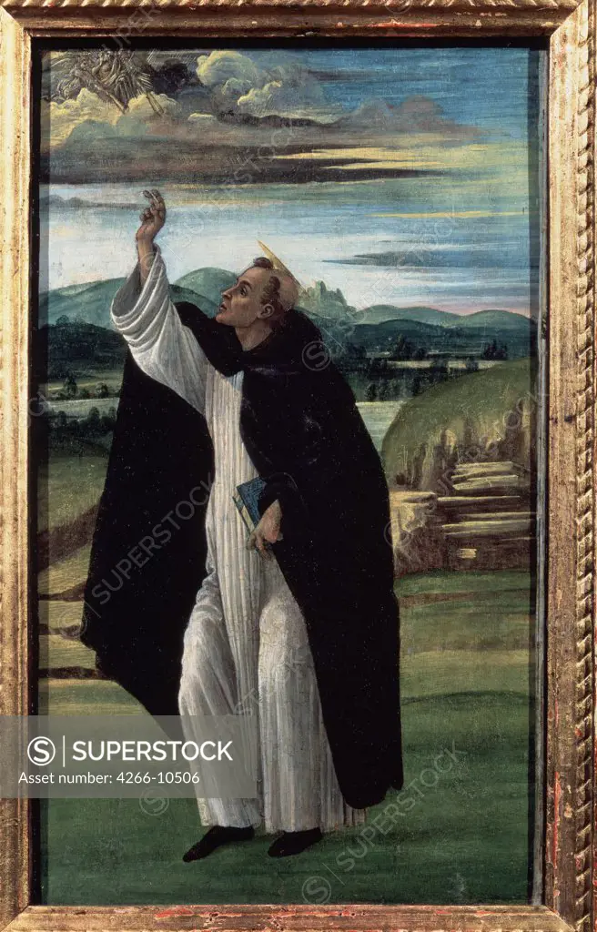 Illustration with Saint Dominic by Sandro Botticelli, tempera on canvas , 1490s, 1445-1510, Russia, St. Petersburg , State Hermitage, 44, 5x26