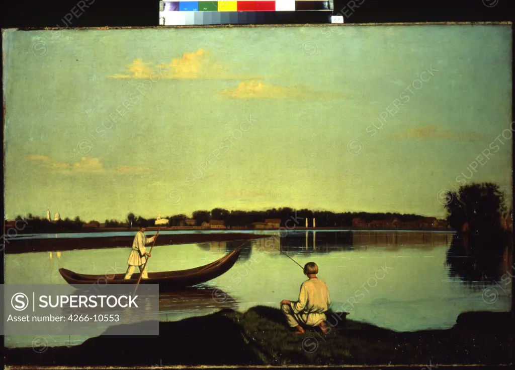 Landscape with rowing man and fishing boy by anonymous painter, painting, Russia, St. Petersburg, State Russian Museum, 67x102