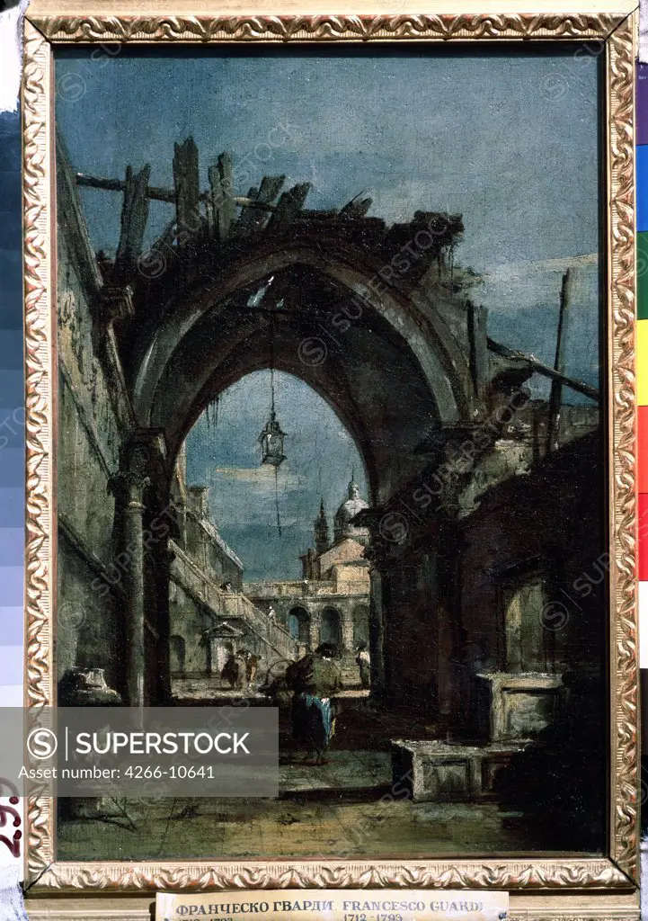Street with arch by Francesco Guardi, oil on canvas, 1770s, 1712-1793, Russia, Moscow , State A. Pushkin Museum of Fine Arts, 38x26