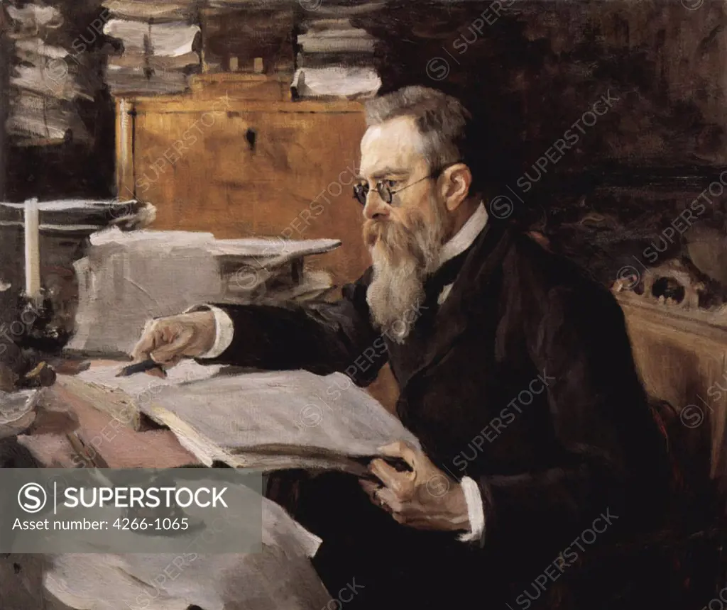 Portrait of composer Nikolai Rimsky-Korsakov by Valentin Alexandrovich Serov, Oil on canvas, 1898, 1865-1911, Russia, Moscow, State Tretyakov Gallery, 94x111