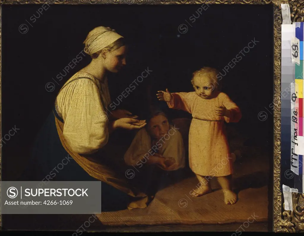 Woman with baby by Alexei Gavrilovich Venetsianov, Oil on canvas, circa 1830, 1780-1847, Russia, Moscow, State Tretyakov Gallery, 50, 5x59, 3