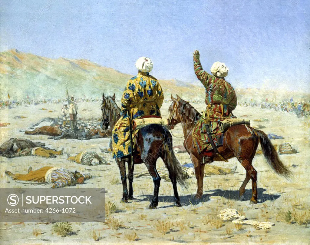 Men on horse by Vasili Vasilyevich Vereshchagin, Oil on canvas, 1873, 1842-1904, Russia, Moscow, State Tretyakov Gallery, 58, 4x74