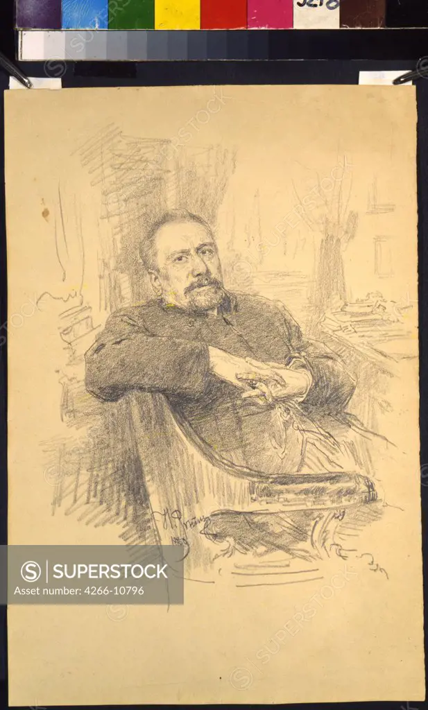 Portrait of Nikolai Leskov by Ilya Yefimovich Repin, pencil on paper, 1889, 1844-1930, 19th century, Russia, Moscow, Museum of Private Collections in A. Pushkin Museum of Fine Arts, 29, 7x20, 2