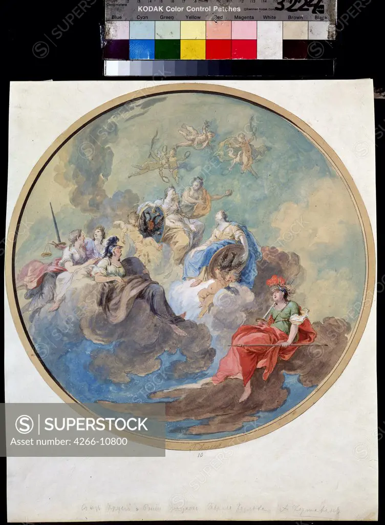 King Frederick II and Empress Catherine II in clouds by Gavriil Ignatievich Kozlov, watercolor and white color on cardboard, 1738-1791, 18th century, Russia, Moscow, Museum of Private Collections in A. Pushkin Museum of Fine Arts, D 32, 5