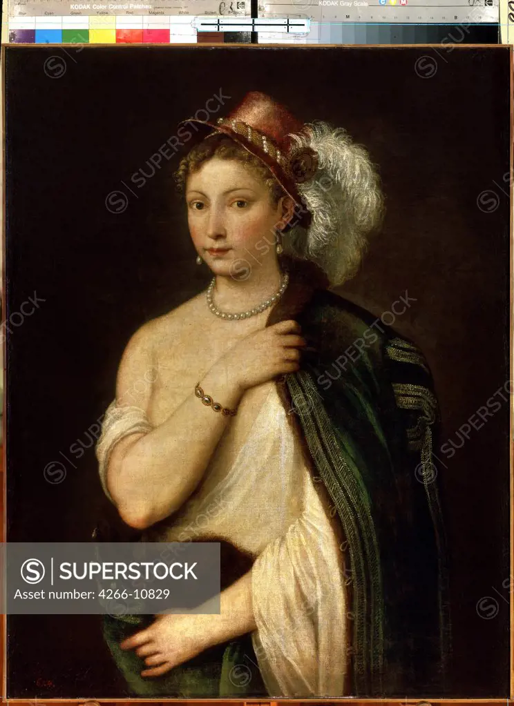 Portrait of young woman by Titian, oil on canvas, circa 1536, 1488-1576, Russia, St. Petersburg , State Hermitage, 96x75