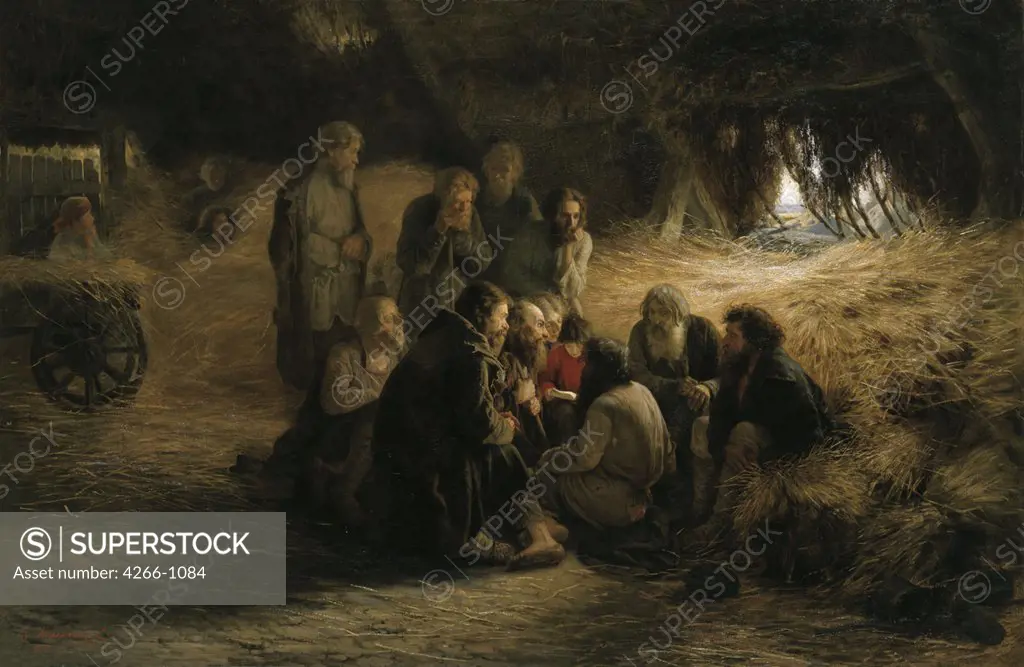 Meeting in barn by Grigori Grigoryevich Myasoedov, Oil on canvas, 1873, 1834-1911, Russia, Moscow, State Tretyakov Gallery, 138, 2x209