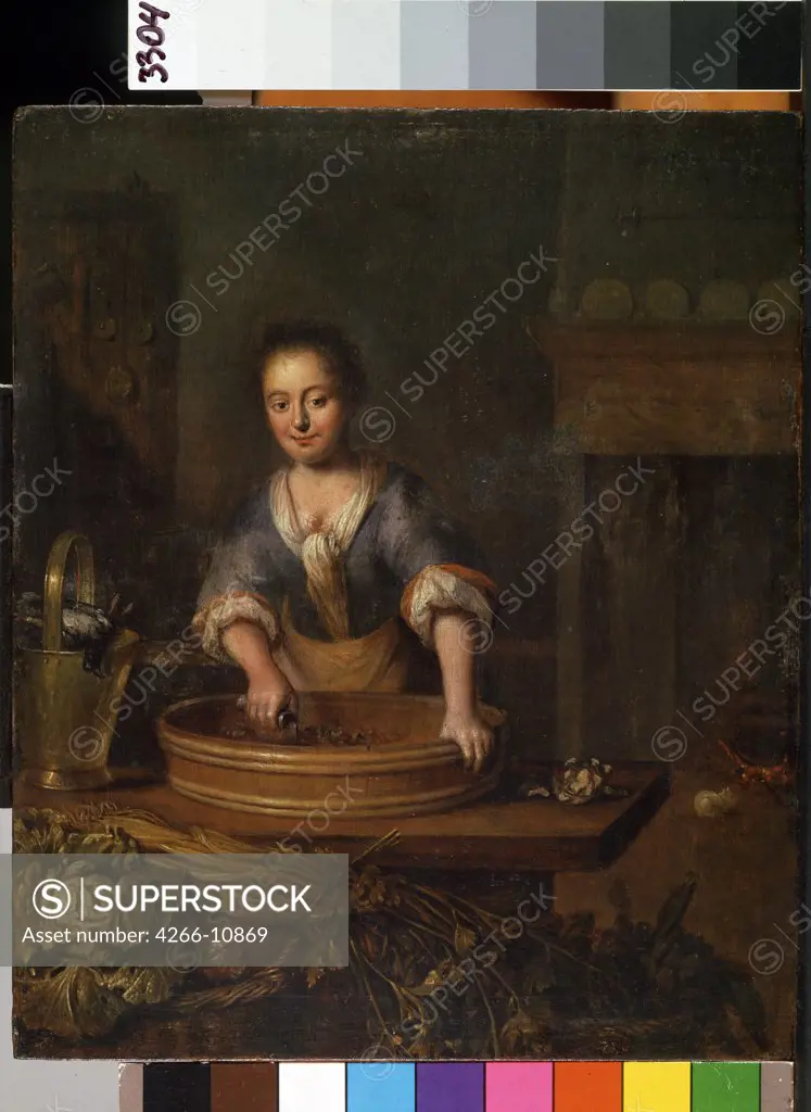 Woman preparing food by Louis de Moni, oil on wood, 1698-1771, 18th century, Lithuania, Kaunas , State M. Ciurlionis Art Museum, 24, 5x20
