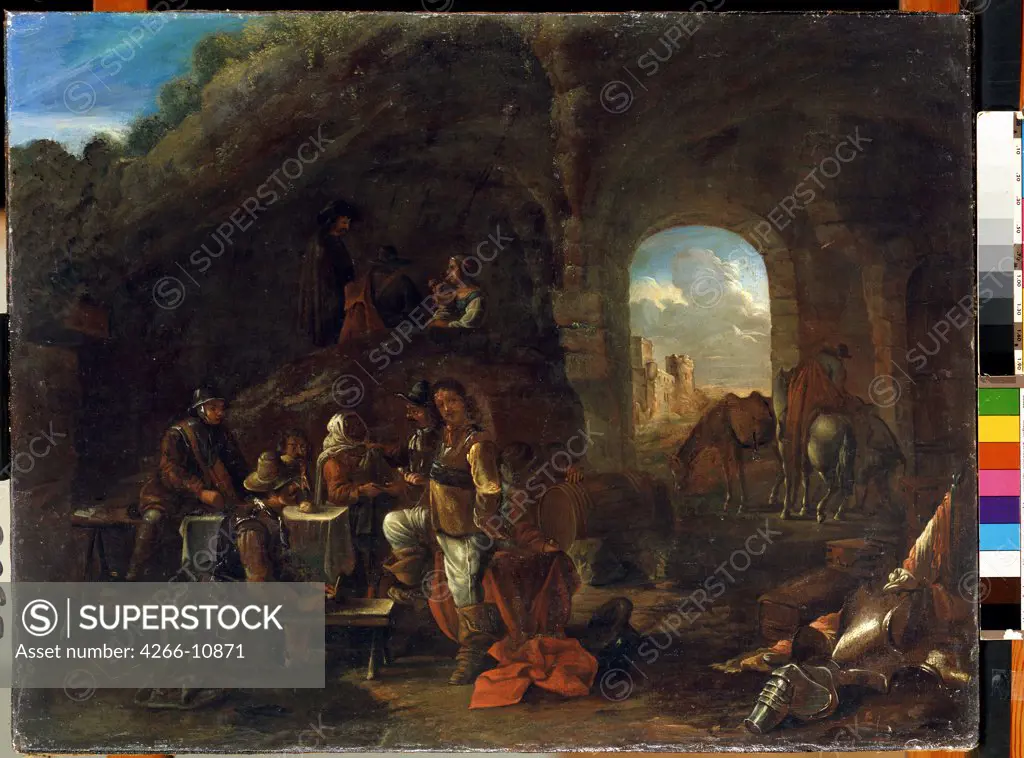 People sitting at table in cave by Philips Wouwerman, oil on wood, 1619-1668, 18th century, Lithuania, Kaunas, State M. Ciurlionis Art Museum, 48x63