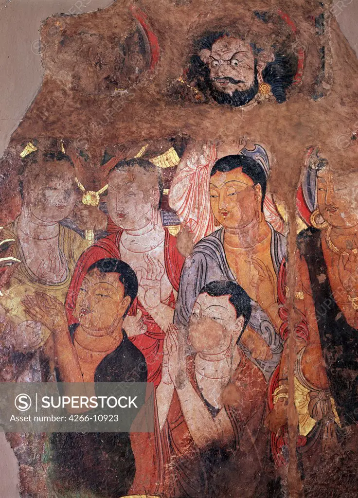 Group of Buddhists by unknown painter, fresco , 9th-10th century, Russia, St Petersburg, State Hermitage