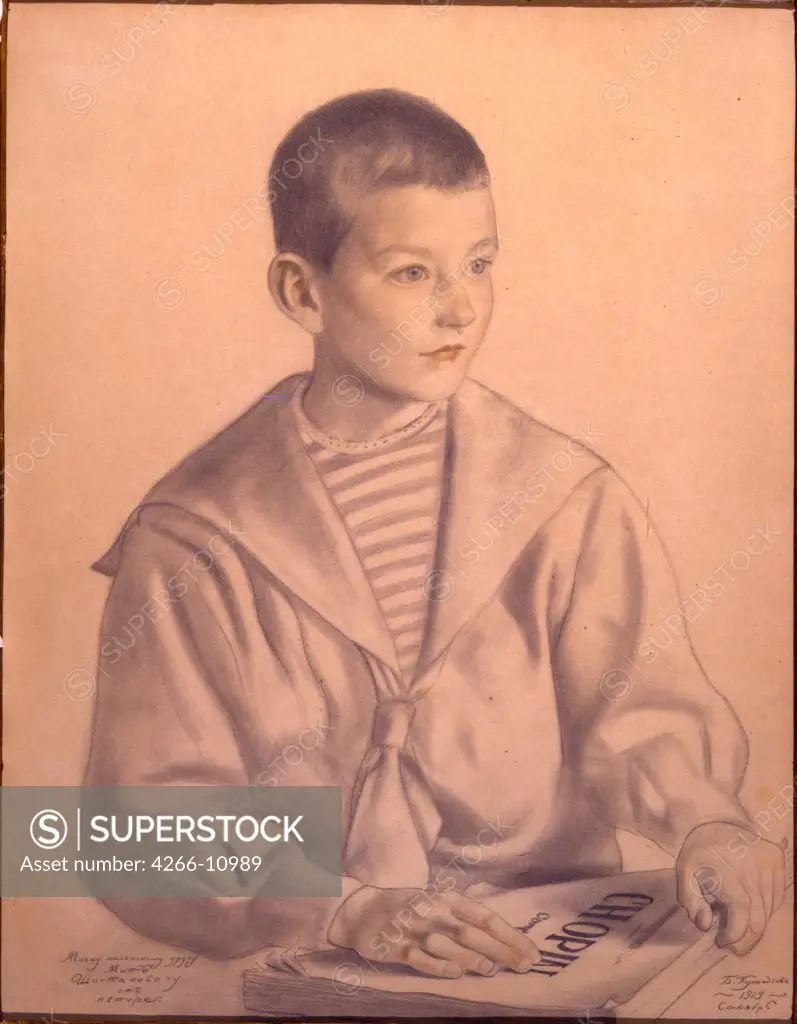 Dmitri Shostakovich as boy by Boris Michaylovich Kustodiev, black chalk, watercolor on paper, 1919, 1878-1927, Russia, Moscow, State Shostakovich Memorial Museum,