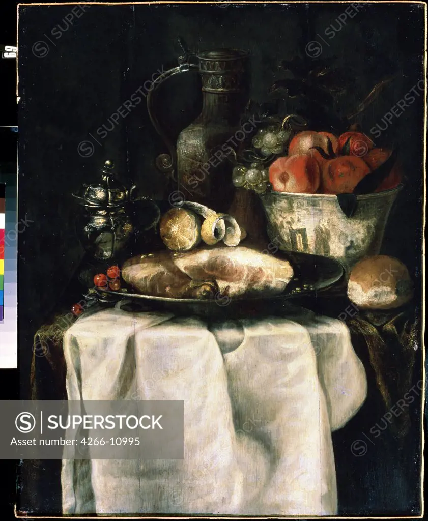 Still life with ham and tomato by Alexandre Coosemans, oil on canvas, 1655, 1627-1689, Ukraine, Sevastopol, Kroshitsky Art Museum
