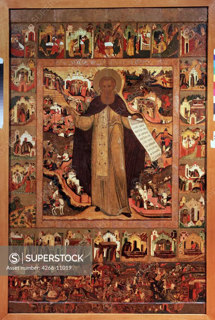 Russian icon with Saint Sergius by unknown painter, tempera on panel, 1640s, Yaroslavl School, Russia, Yaroslavl, State Art Museum, 173x113