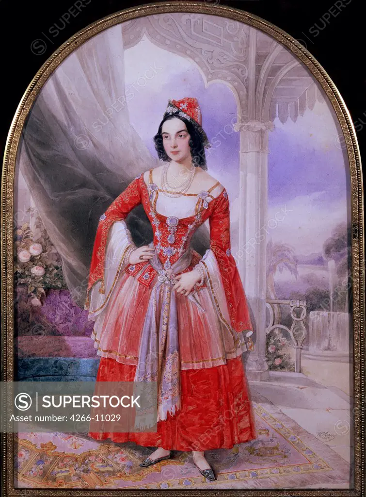 Portrait of Anna Stepanova by Vladimir Ivanovich Hau (Gau), watercolor on cardboard, 1842, 1816-1895, Russia, Moscow, State Tropinin Museum, 48, 2x38, 5
