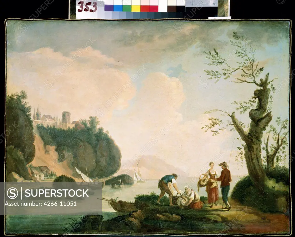 Scene by river by Simon Mathurin Lantarat, oil on canvas, 18th century, 1729-1778, Russia, Sevastopol, M. Kroshitsky Art Museum