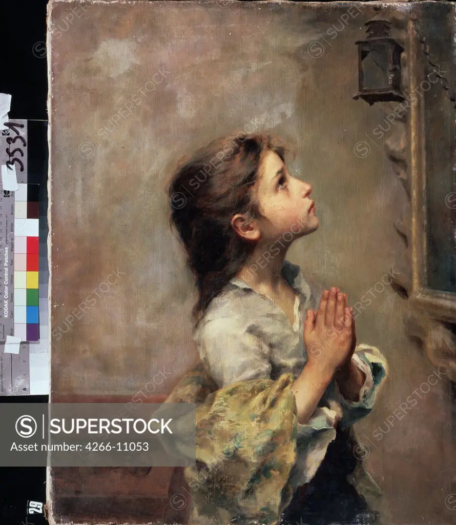 Girl praying by Roberto Ferruzzi, Oil on canvas, 19th century, 1854-1944, Russia, Sevastopol , M. Kroshitsky Art Museum, 69x53