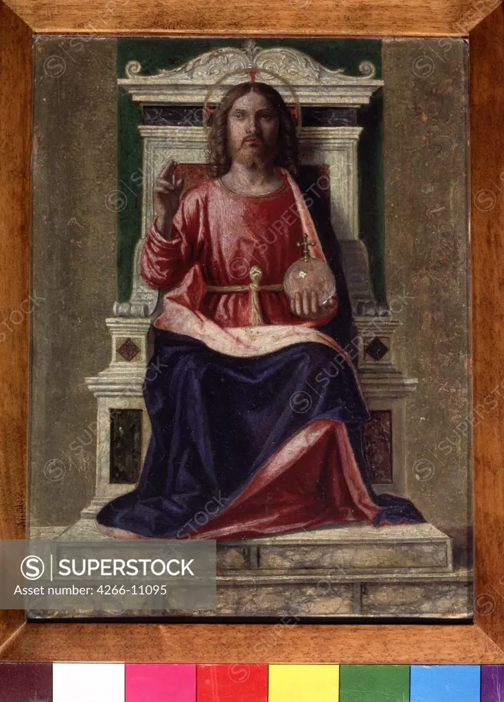 Christ enthroned by Giovanni Battista Cima da Conegliano, Tempera on panel, circa 1505, circa 1459-1517, Russia, Moscow, State A. Pushkin Museum of Fine Arts, 20x15