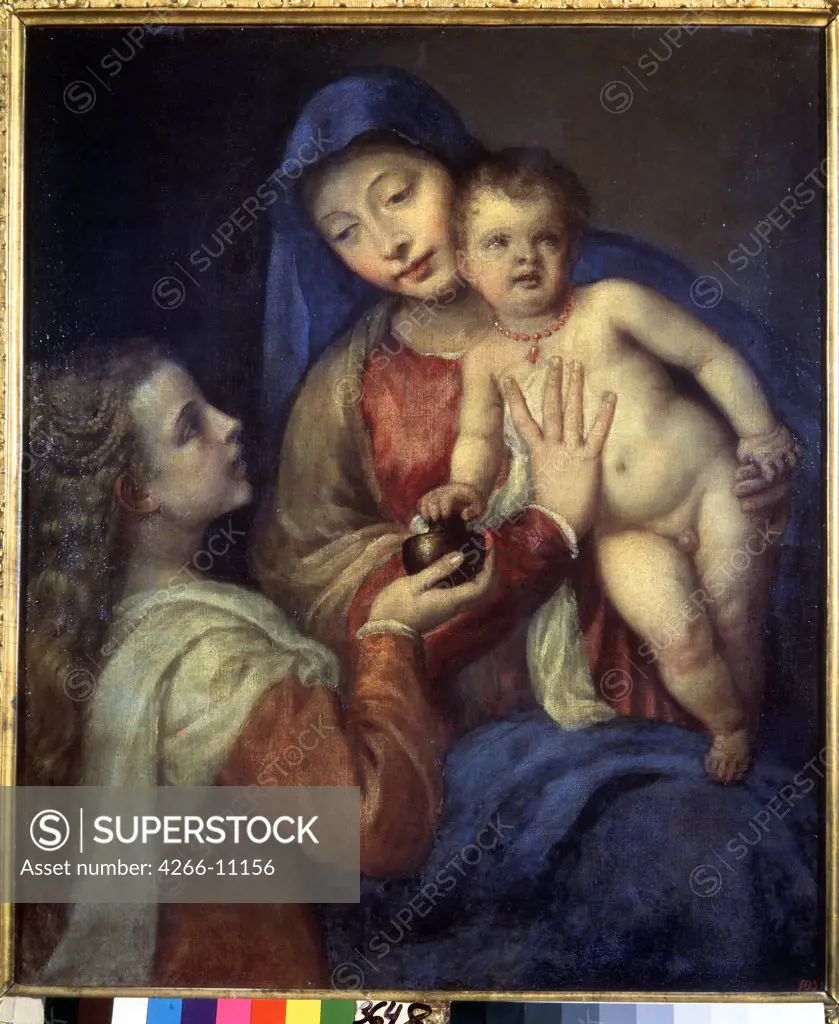 Virgin Mary and Child by Titian, Oil on canvas, circa 1560, 1488-1576, Russia, St. Petersburg, State Hermitage, 98x82